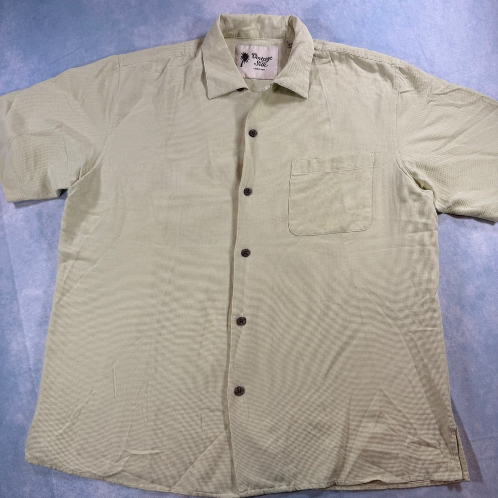 Vintage Silk Shirt Mens Large Green Good 100% Silk Textured Short Sleeve Button